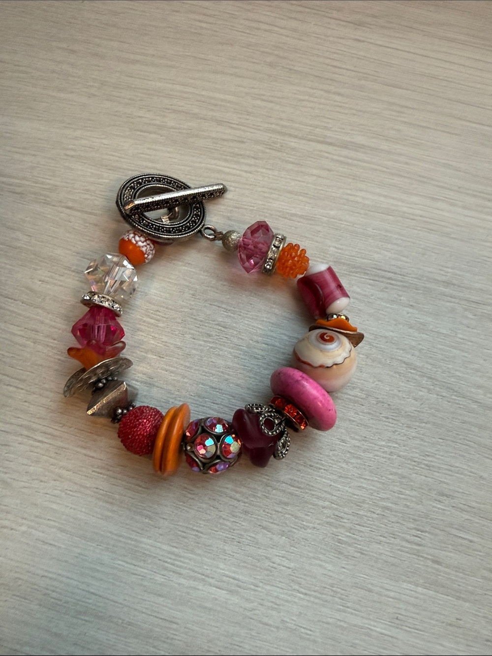 Handmade Pink & Orange Beaded Toggle Bracelet